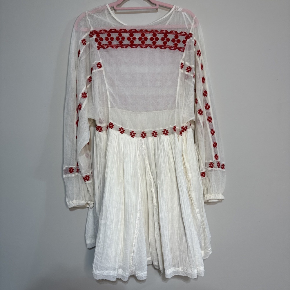 NWT Free People Women Need Me Mini Flowy Dress Ivory Long Sleeve Red Embroidery - Picture 13 of 16
